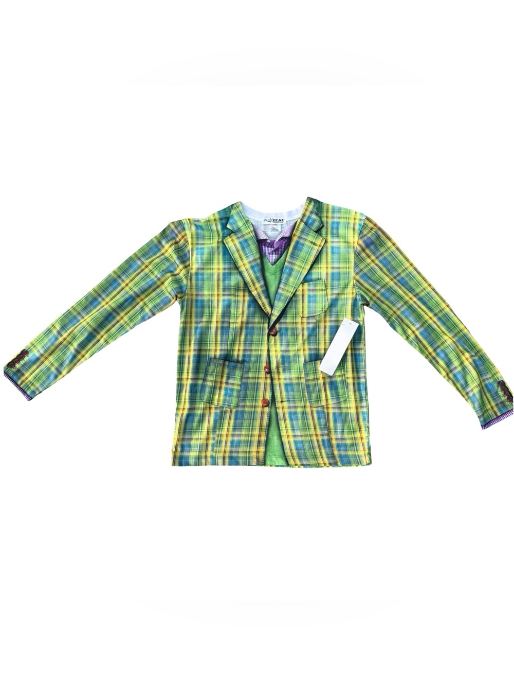 NEW Faux Real - FUNNY Plaid Suit Youth Costume Long Sleeve T-Shirt - Size Large